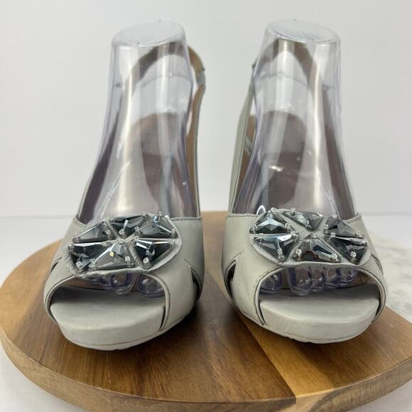 COMFORT Vince Camuto Majorca Lt Gray Leather Slingback Stacked Heel Peep Toe 10 - Picture 4 of 13